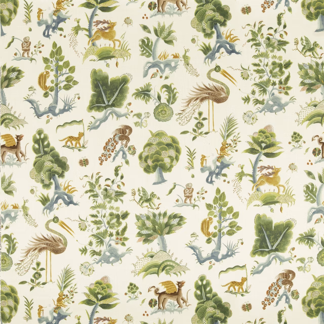 Ivory textile scattered with emerald foliage, blue birds, animals and delicate botanical details