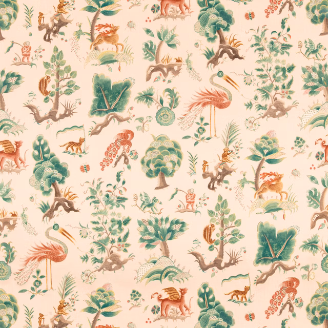 Pale plaster fabric with sage foliage, coral birds, deer and botanical scenes