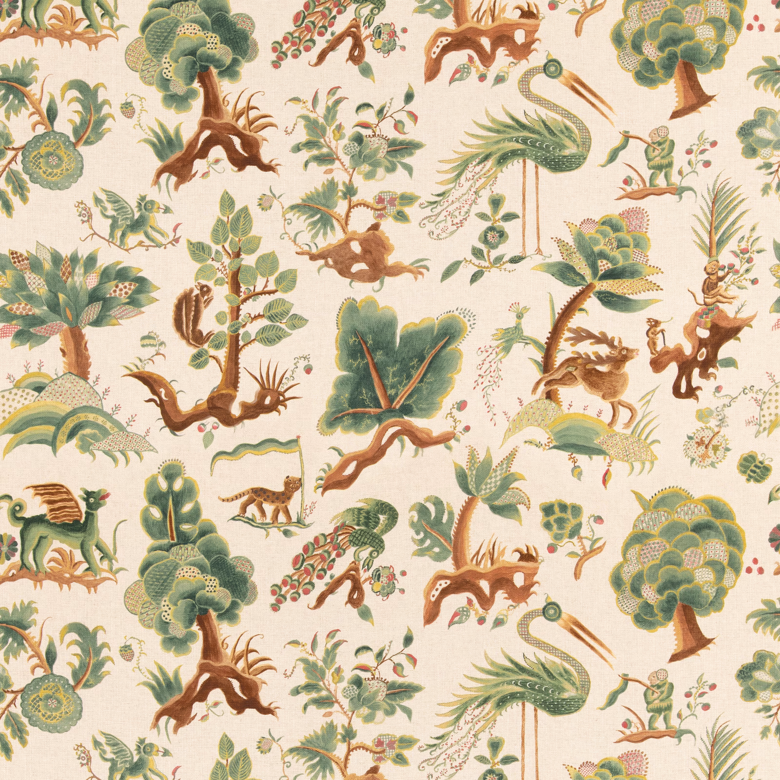 Cream chinoiserie fabric with russet animals, green trees and curling botanical motifs