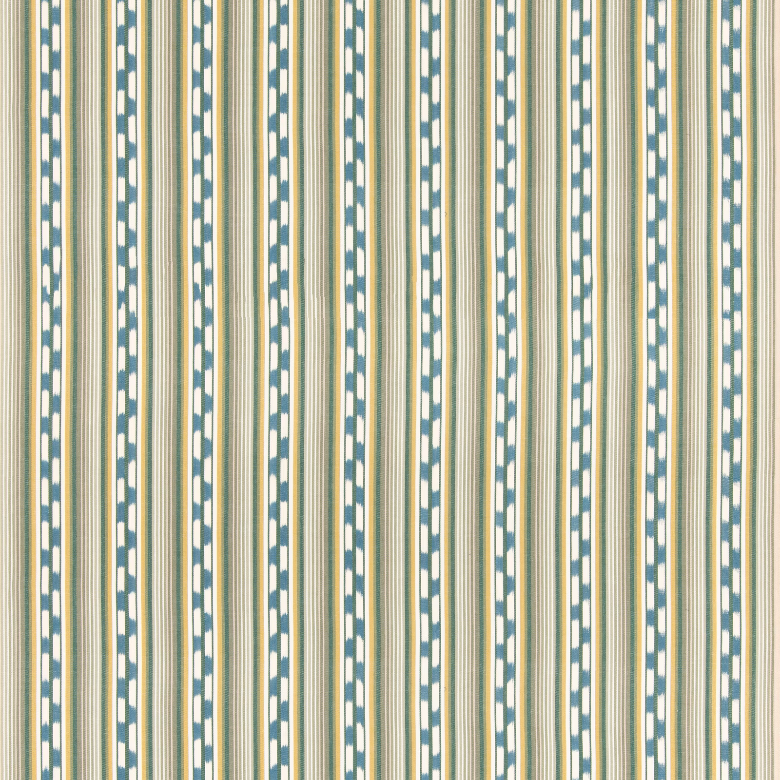 Emerald blue vertical stripes with cream geometric chain motifs in cotton