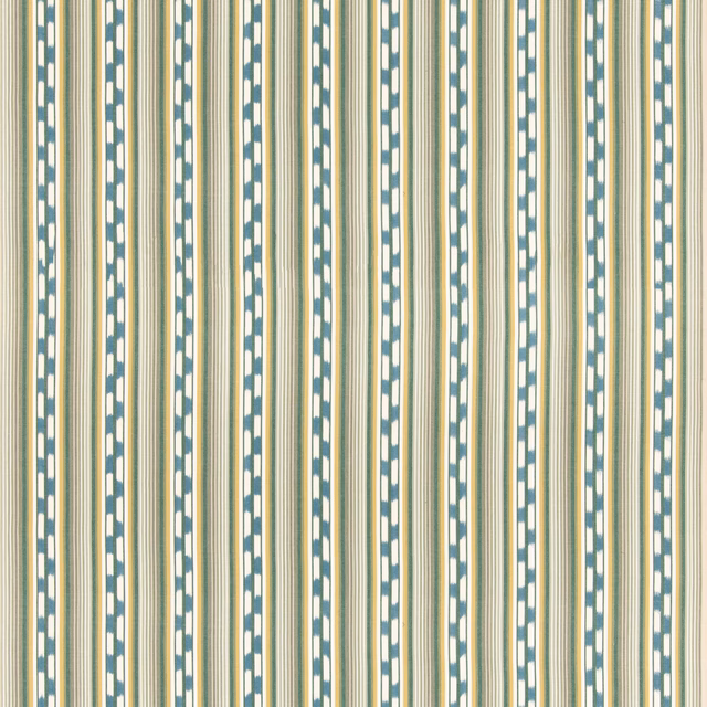Emerald blue vertical stripes with cream geometric chain motifs in cotton