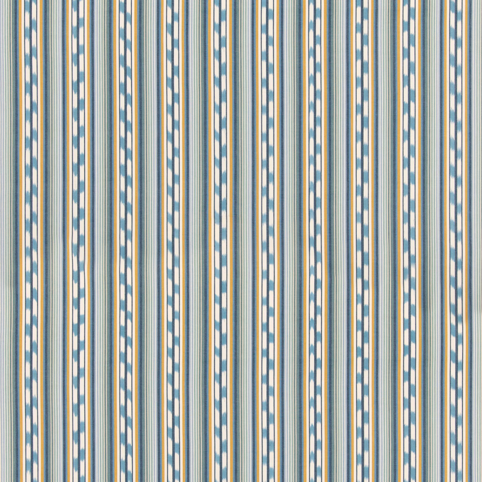 Teal and ochre vertical stripes with broken cream accents in a woven cotton swatch