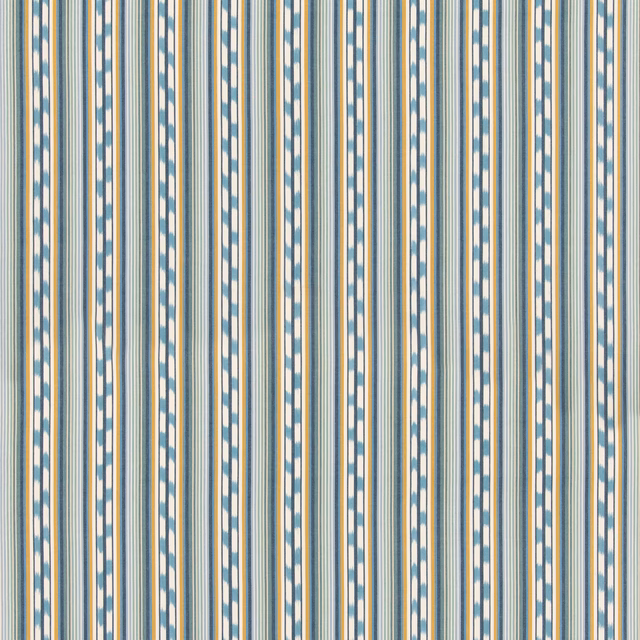 Teal and ochre vertical stripes with broken cream accents in a woven cotton swatch