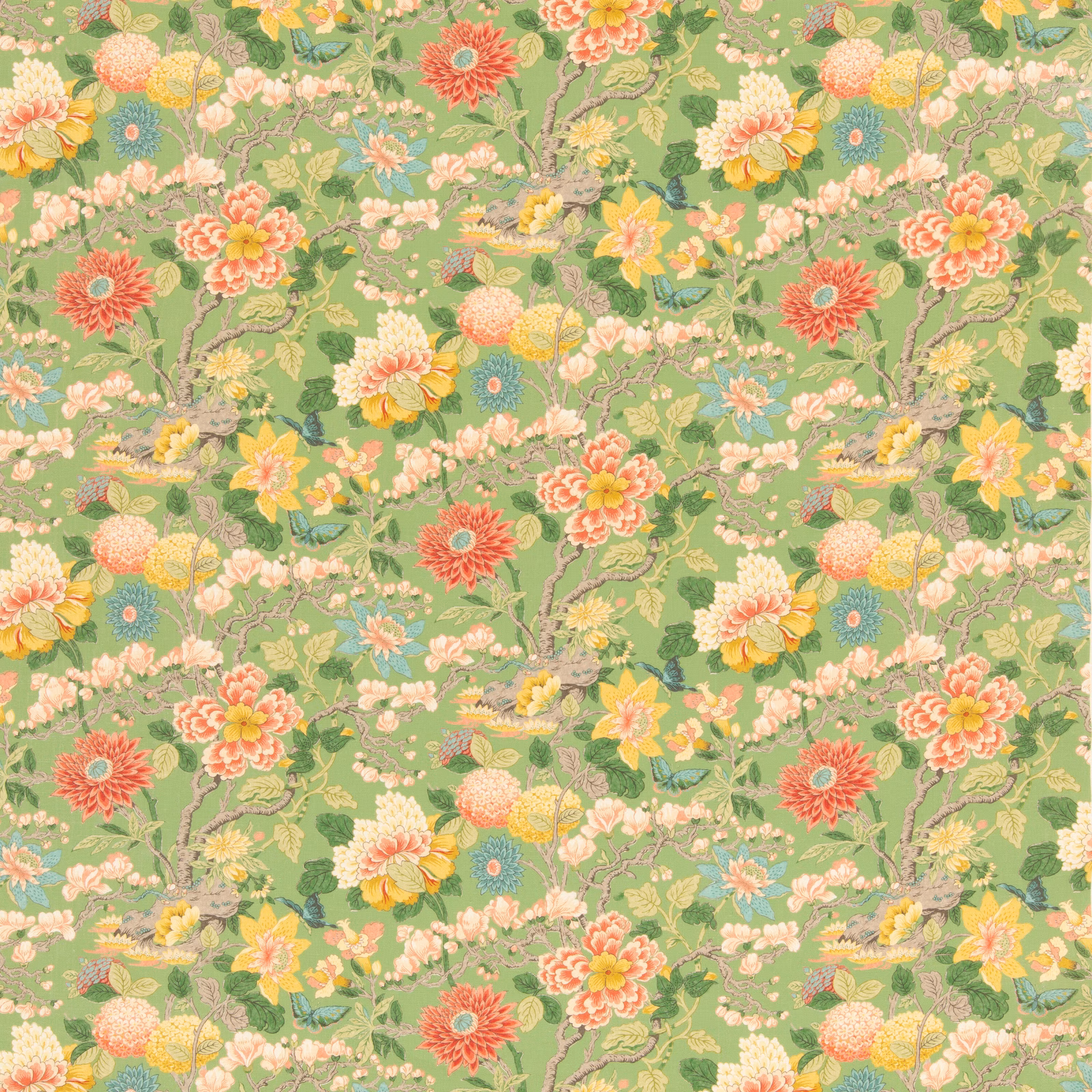 Pale emerald green floral fabric with coral, cream, yellow and blue botanical motifs