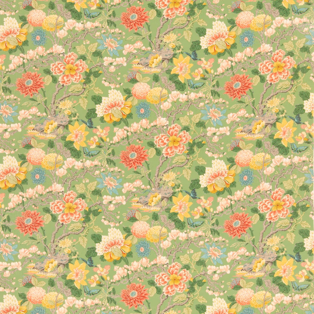Pale emerald green floral fabric with coral, cream, yellow and blue botanical motifs