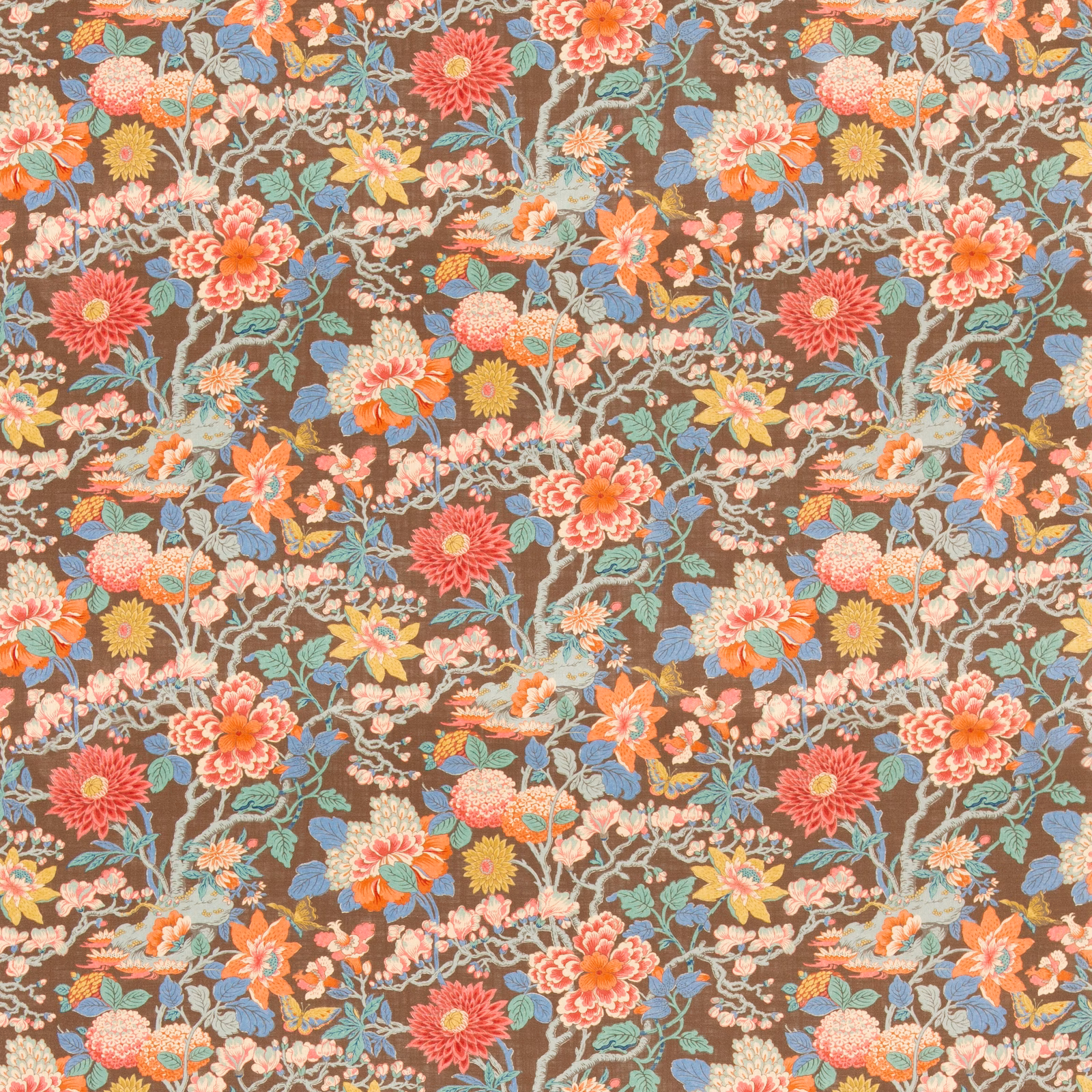 Espresso-brown woven floral with coral blooms, blue leaves and branching botanical detail