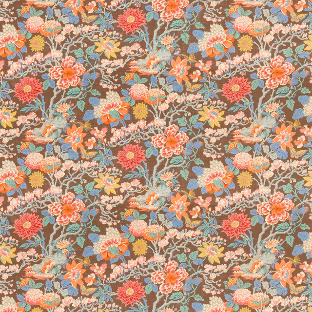 Espresso-brown woven floral with coral blooms, blue leaves and branching botanical detail