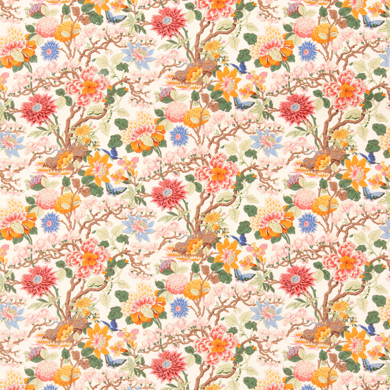 Cream floral textile with pink peonies, orange blossoms, branching stems and blue accents