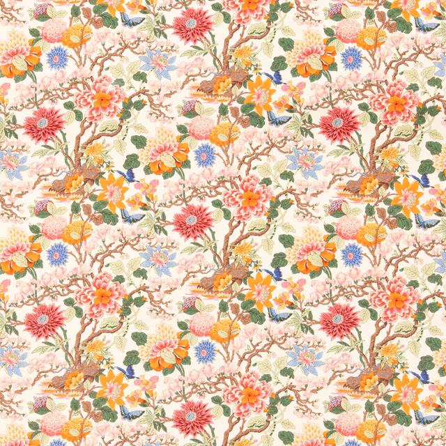 Cream floral textile with pink peonies, orange blossoms, branching stems and blue accents