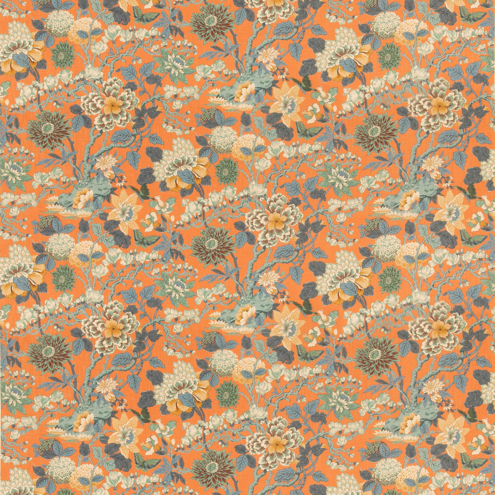 Tangerine floral fabric with teal foliage and cream magnolia blooms