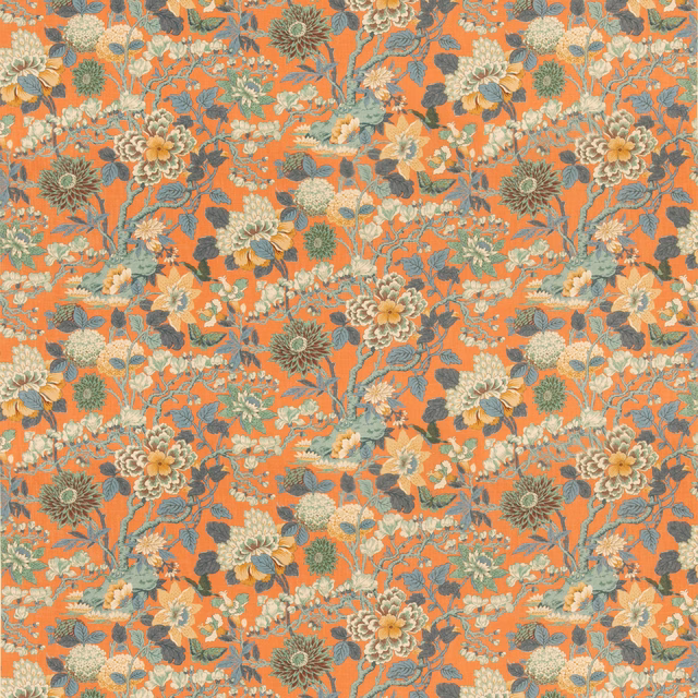 Tangerine floral fabric with teal foliage and cream magnolia blooms