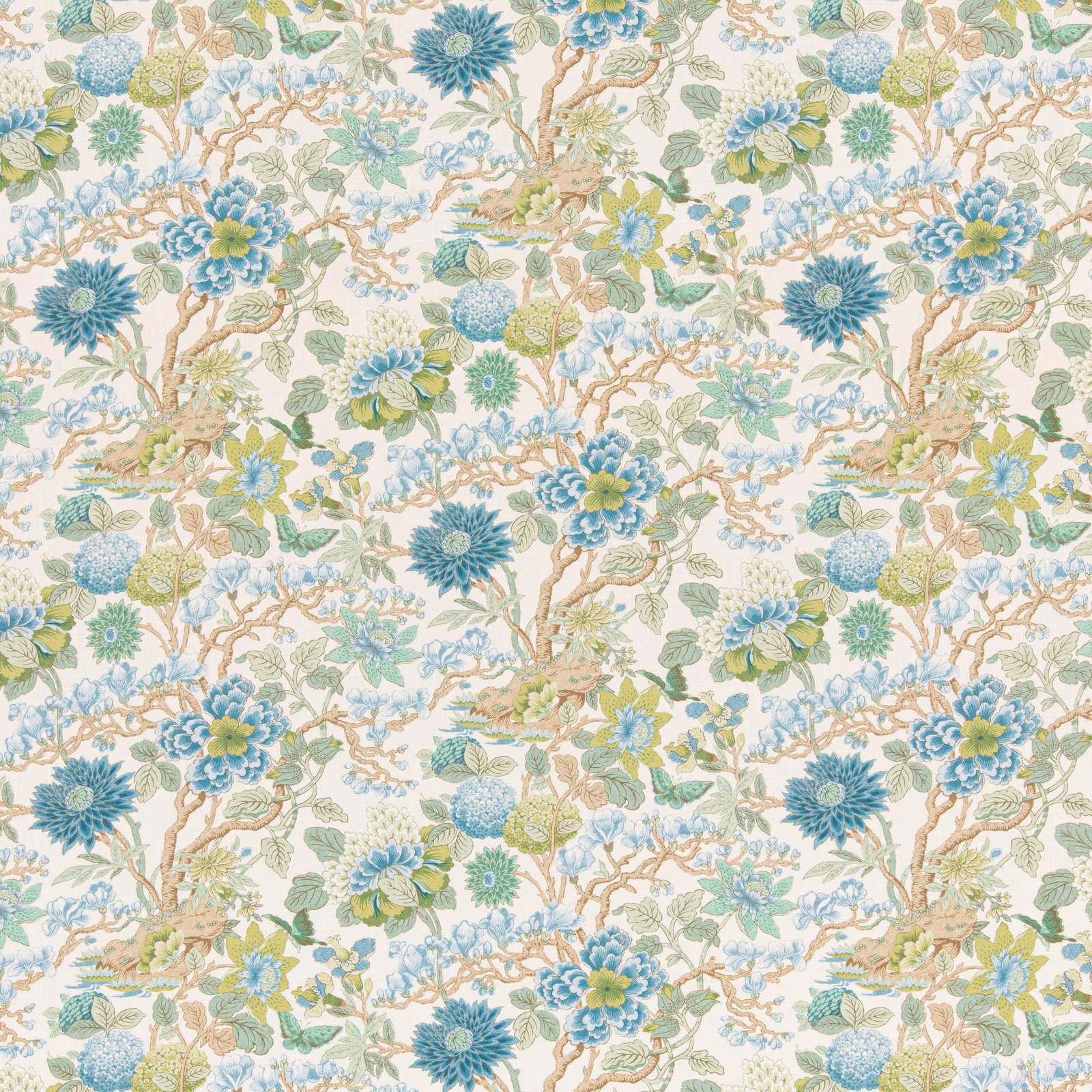 Cream floral fabric with teal chrysanthemum blooms, sage leaves and taupe branching stems