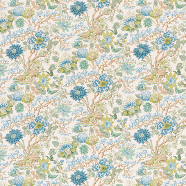 Cream floral fabric with teal chrysanthemum blooms, sage leaves and taupe branching stems