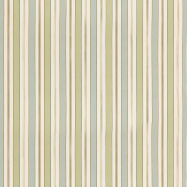 Muted aqua-green and ivory vertical striped viscose linen fabric with beige accents