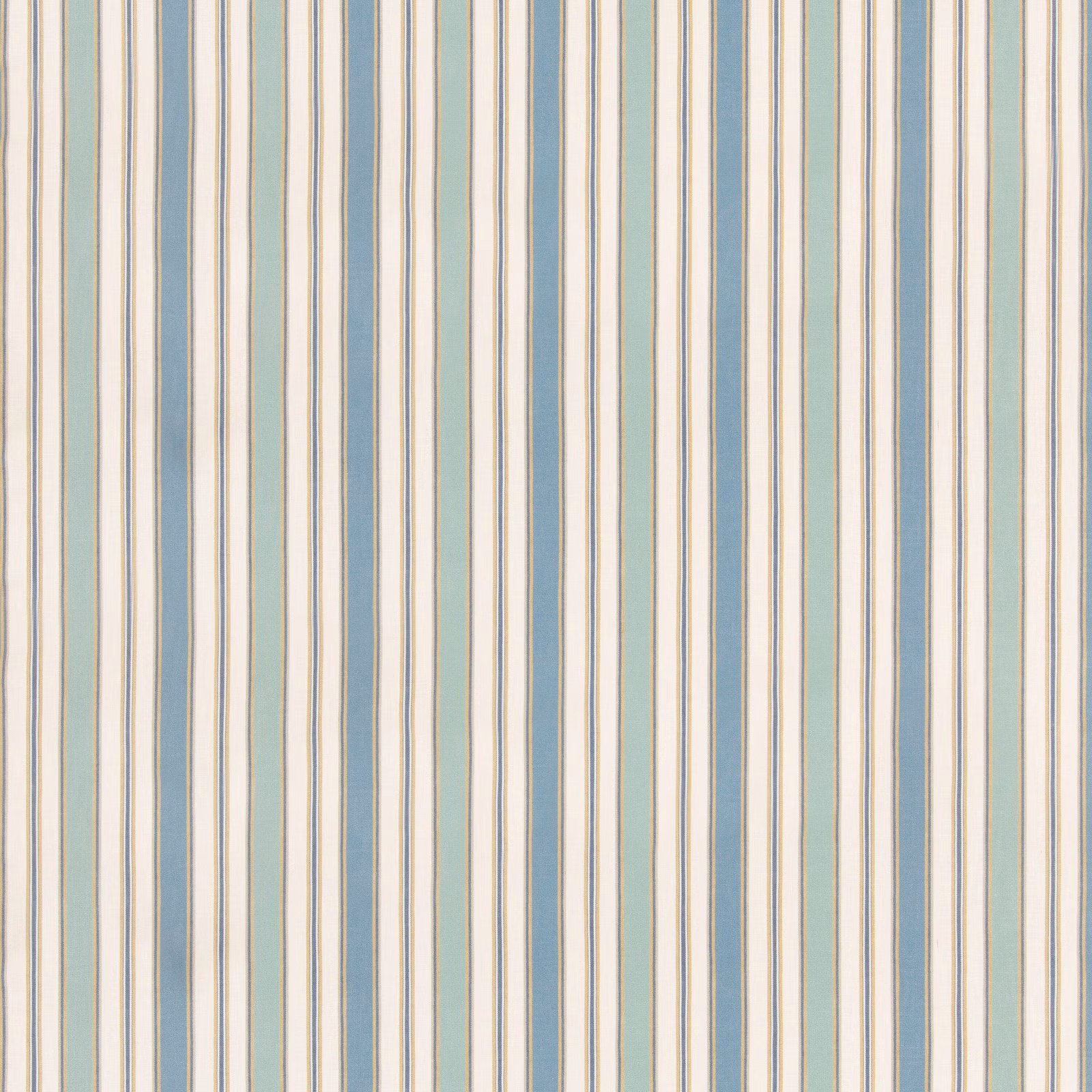 Cool powder-blue, ivory and taupe vertical stripe fabric with subtle woven texture