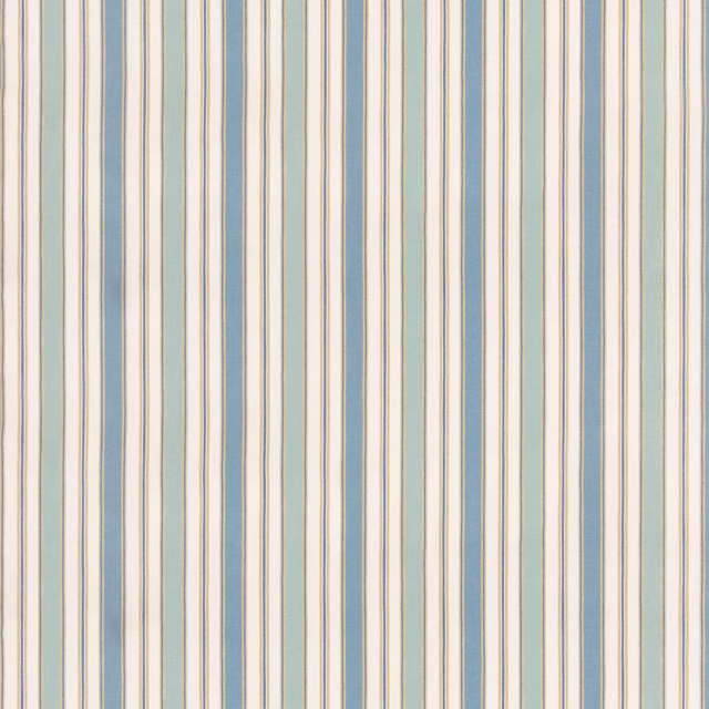 Cool powder-blue, ivory and taupe vertical stripe fabric with subtle woven texture