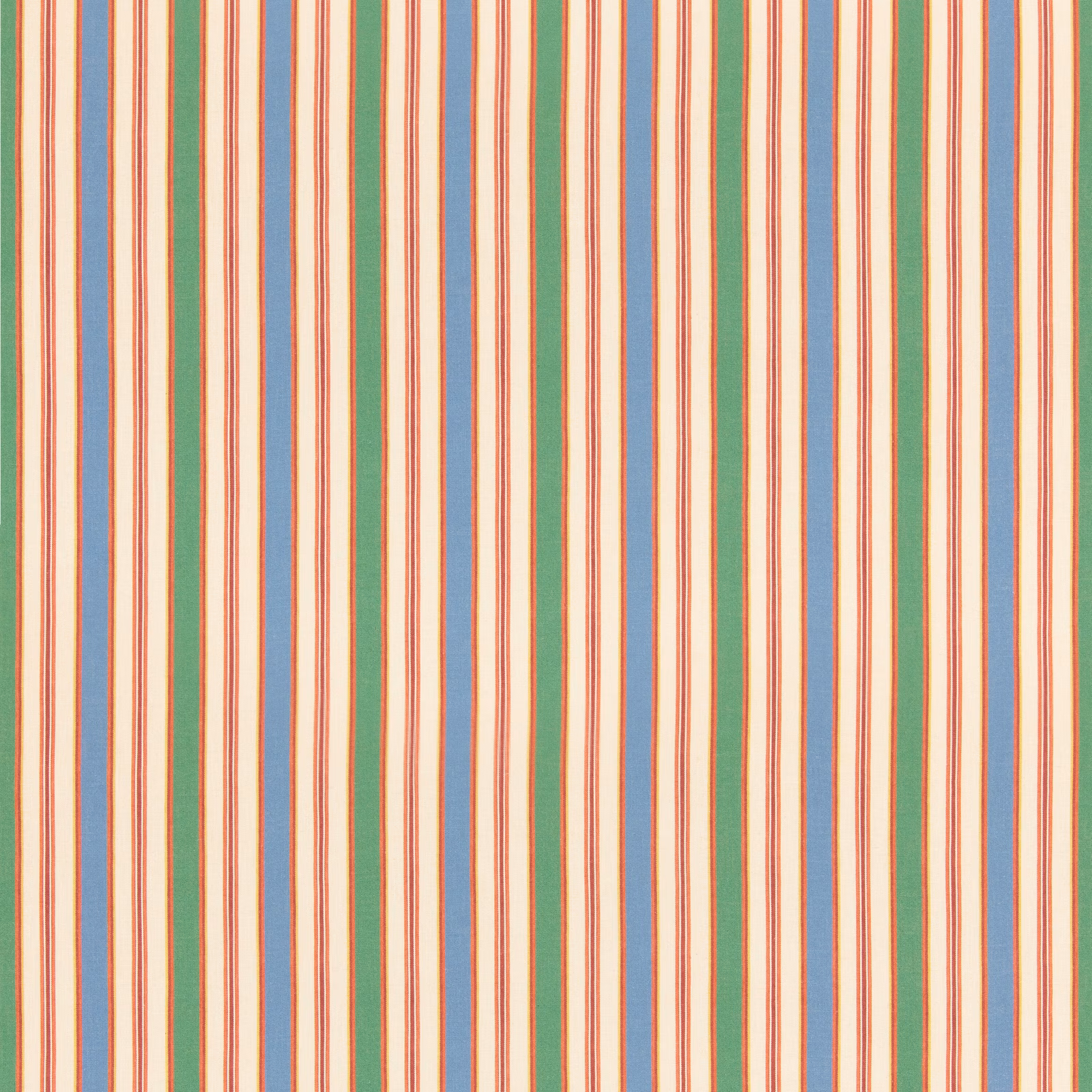 Ivory fabric with vertical coral, sage green and powder-blue woven stripes