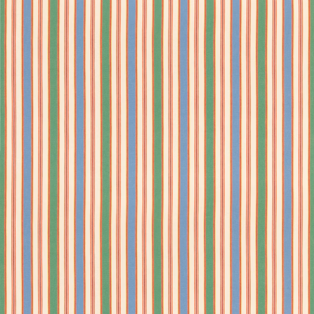 Ivory fabric with vertical coral, sage green and powder-blue woven stripes