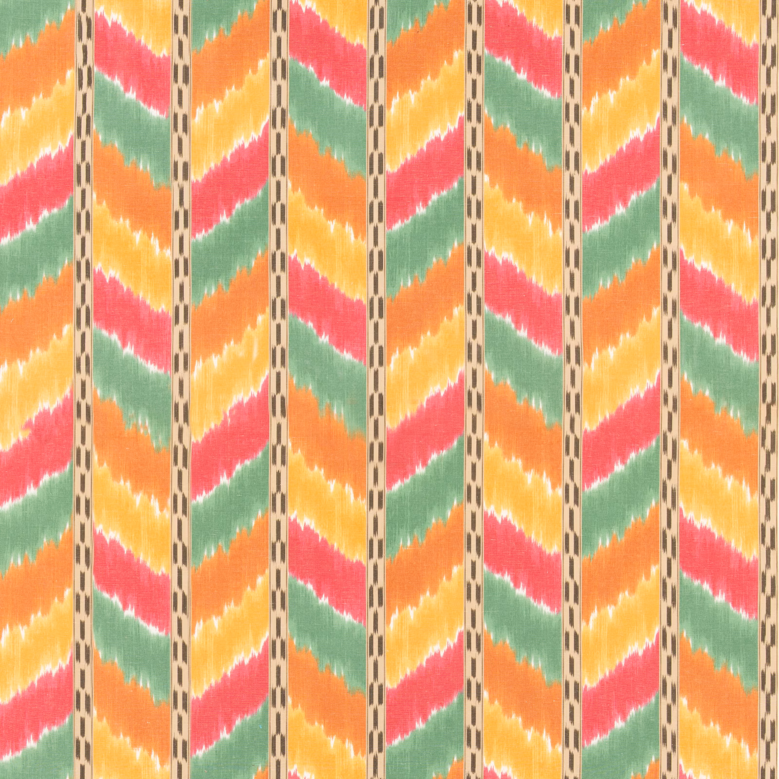 Multicoloured woven ikat fabric with coral, orange, green and yellow zigzags