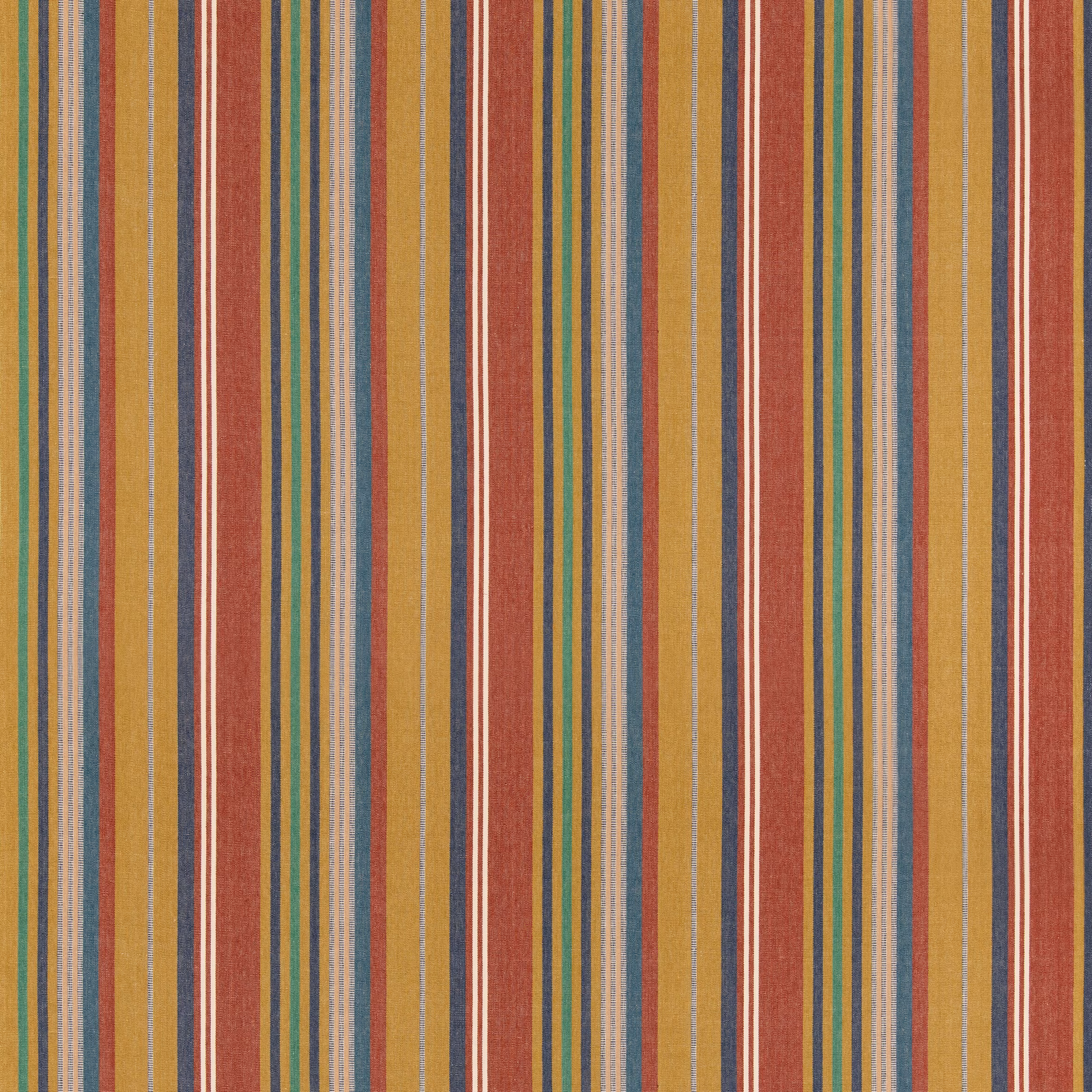 Ochre linen-cotton stripe with rust, teal, green and cream vertical bands