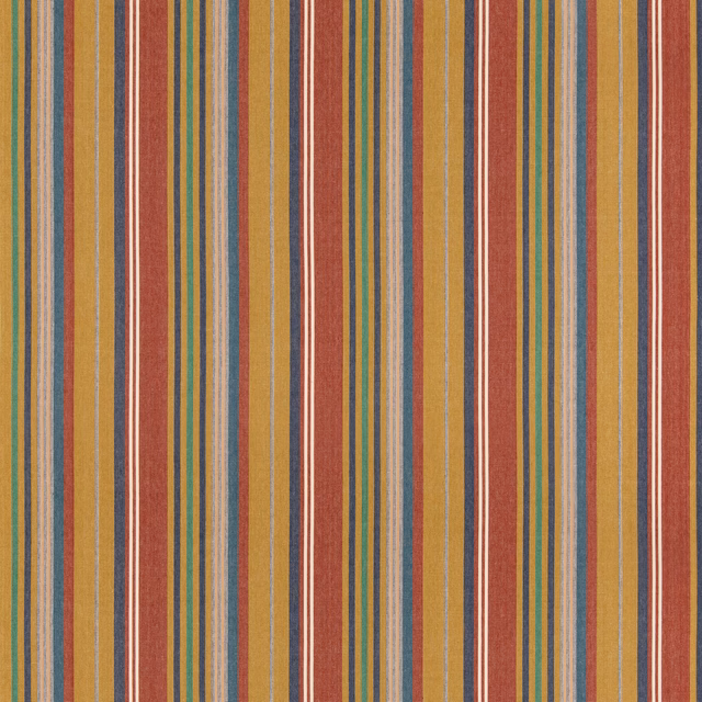 Ochre linen-cotton stripe with rust, teal, green and cream vertical bands