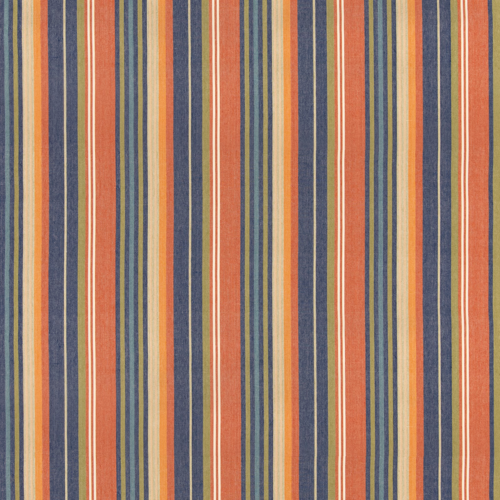 Muted coral, navy, ochre and cream vertical stripes with a visible woven texture