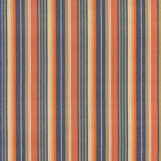 Muted coral, navy, ochre and cream vertical stripes with a visible woven texture