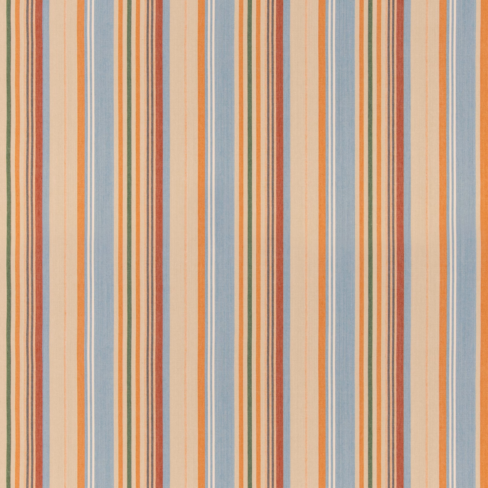Soft blue woven stripe with coral, cream, rust and olive vertical lines