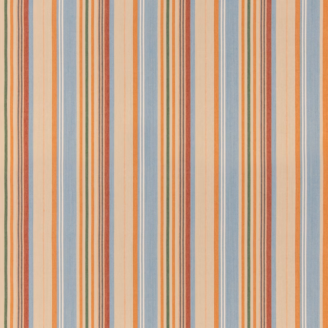 Soft blue woven stripe with coral, cream, rust and olive vertical lines