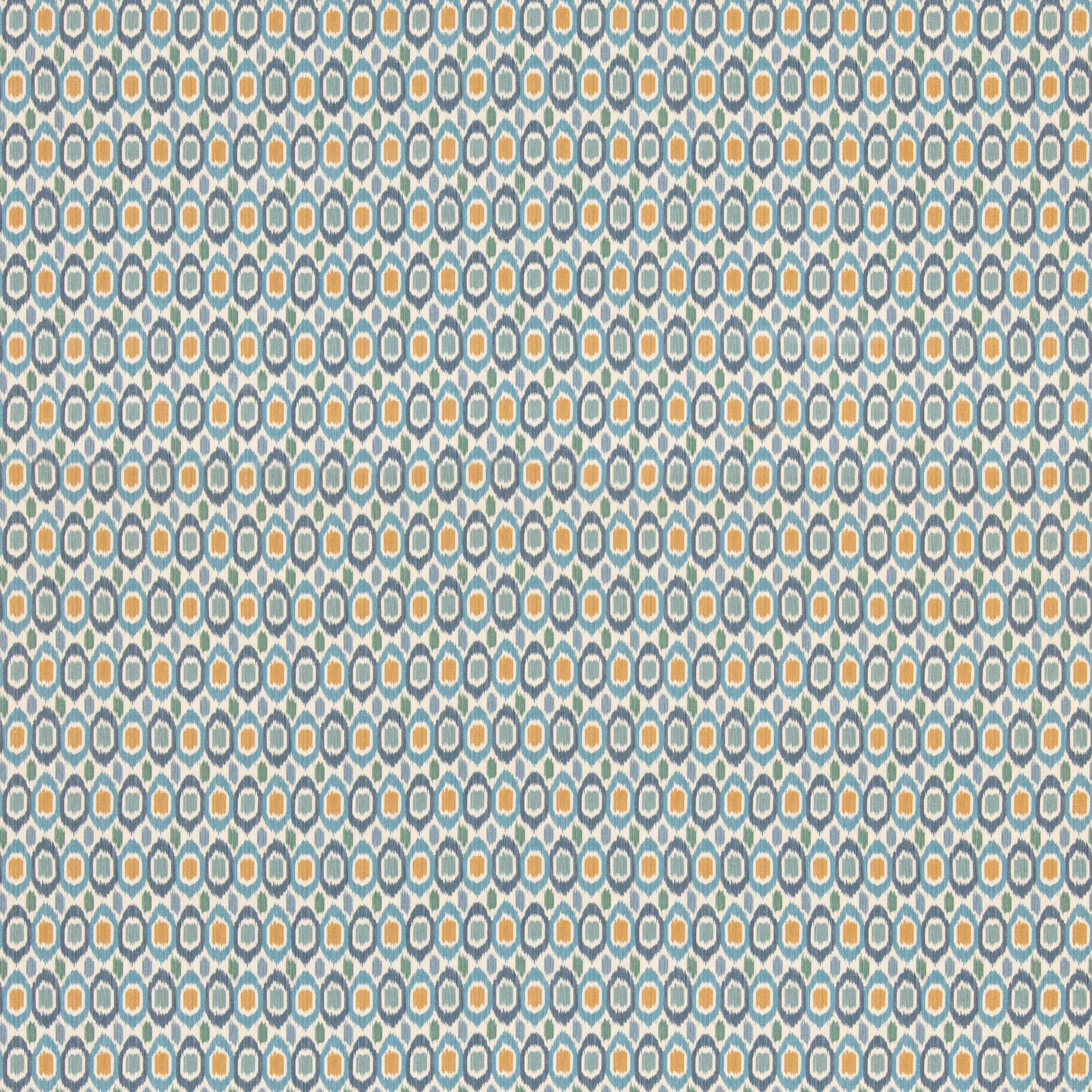 Tigris Blue geometric fabric with teal, cream and ochre repeating motifs