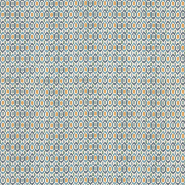Tigris Blue geometric fabric with teal, cream and ochre repeating motifs