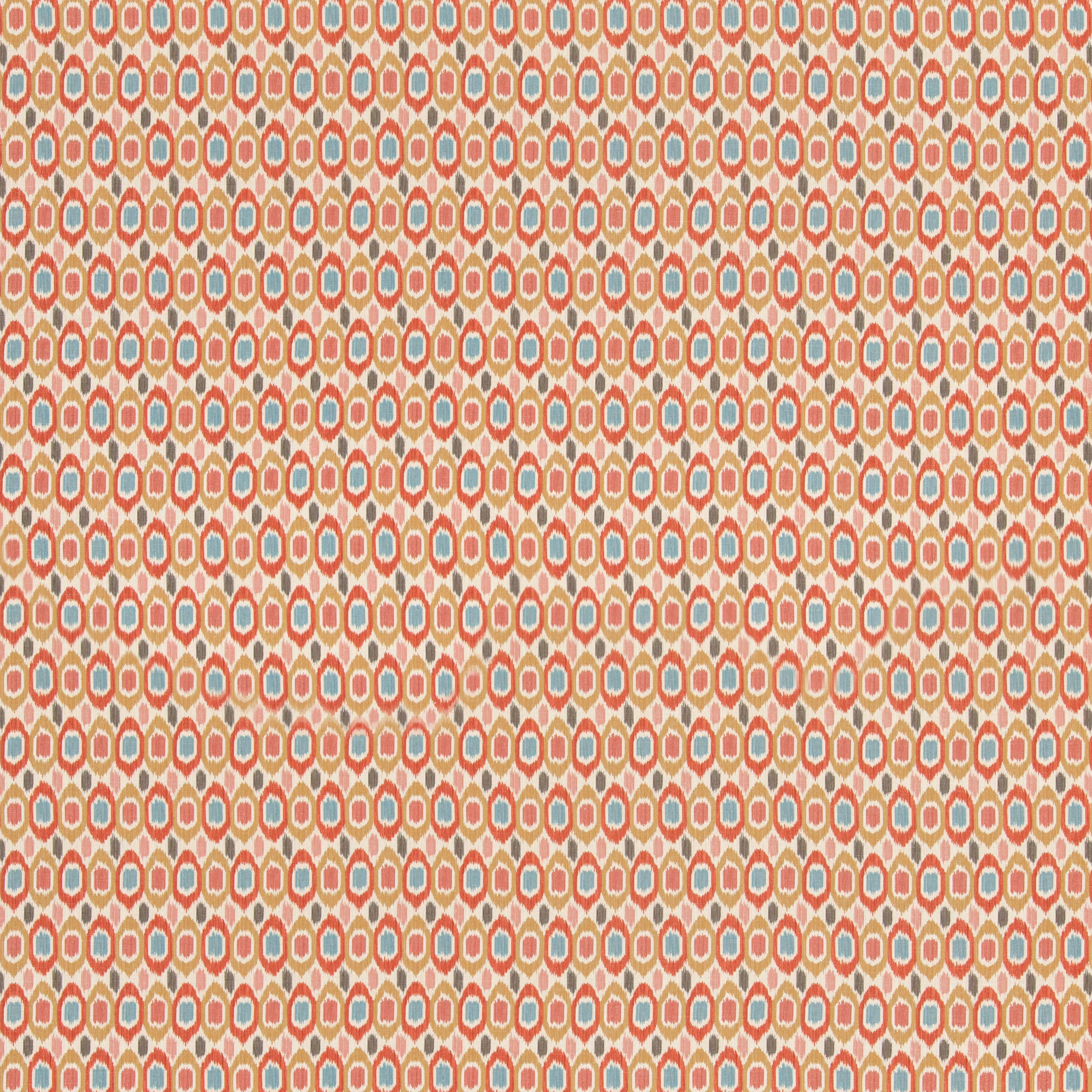Dense geometric fabric in brick red, ochre, cream and muted green