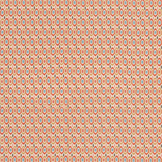 Dense geometric fabric in brick red, ochre, cream and muted green