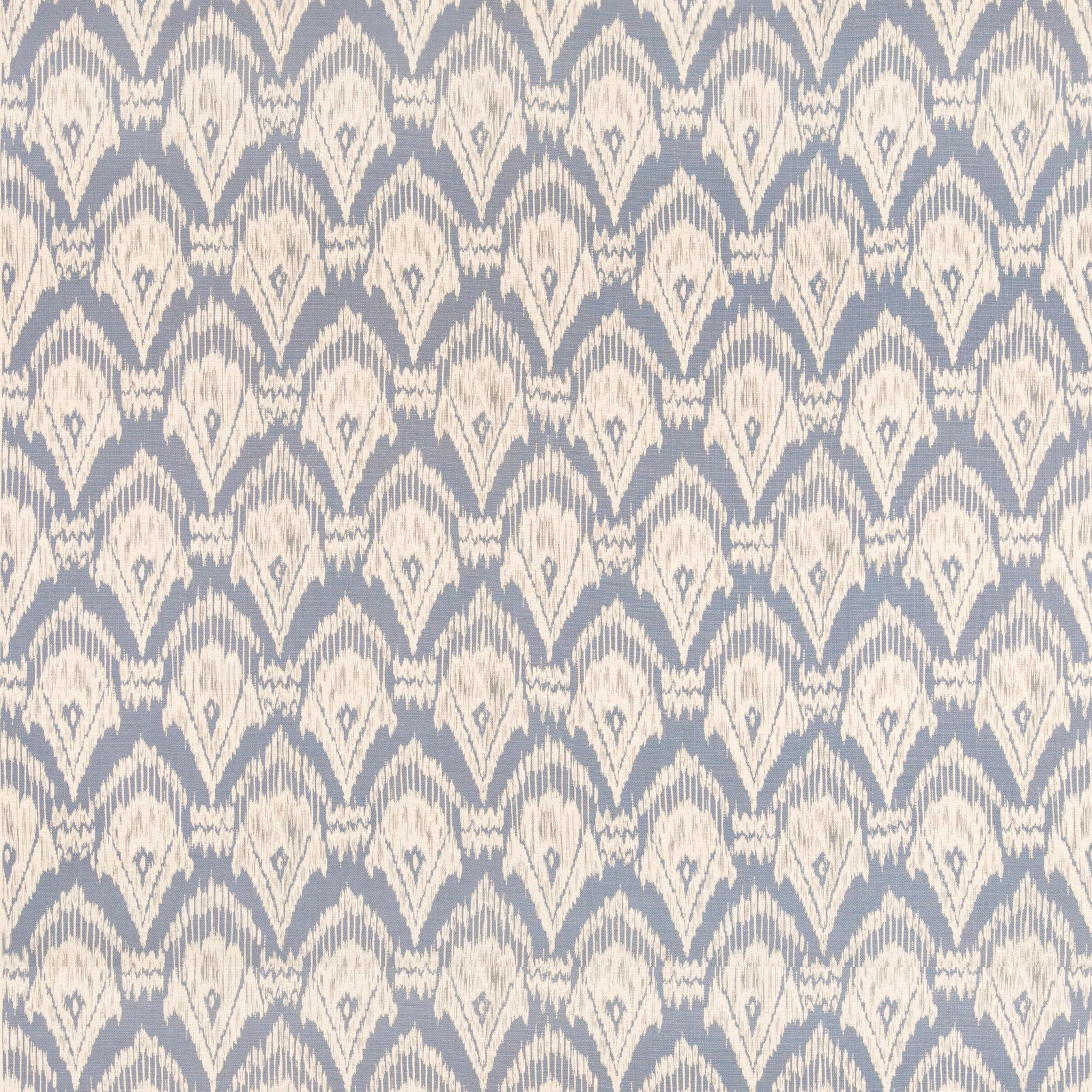 Muted denim-blue and ivory woven fabric with repeating ogee diamond motifs