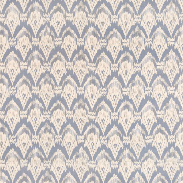 Muted denim-blue and ivory woven fabric with repeating ogee diamond motifs