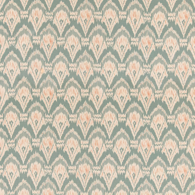 Muted teal woven fabric with cream arches and small spice boteh motifs