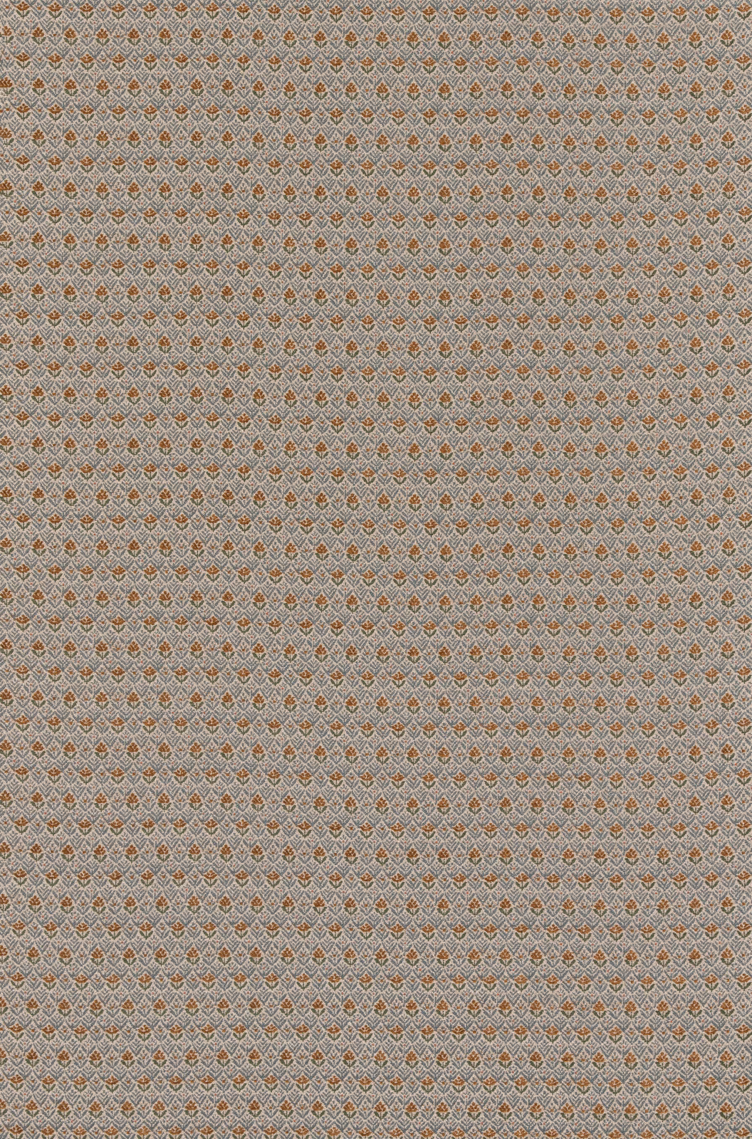 Blue-grey woven upholstery fabric with tiny copper diamond motifs and fine texture