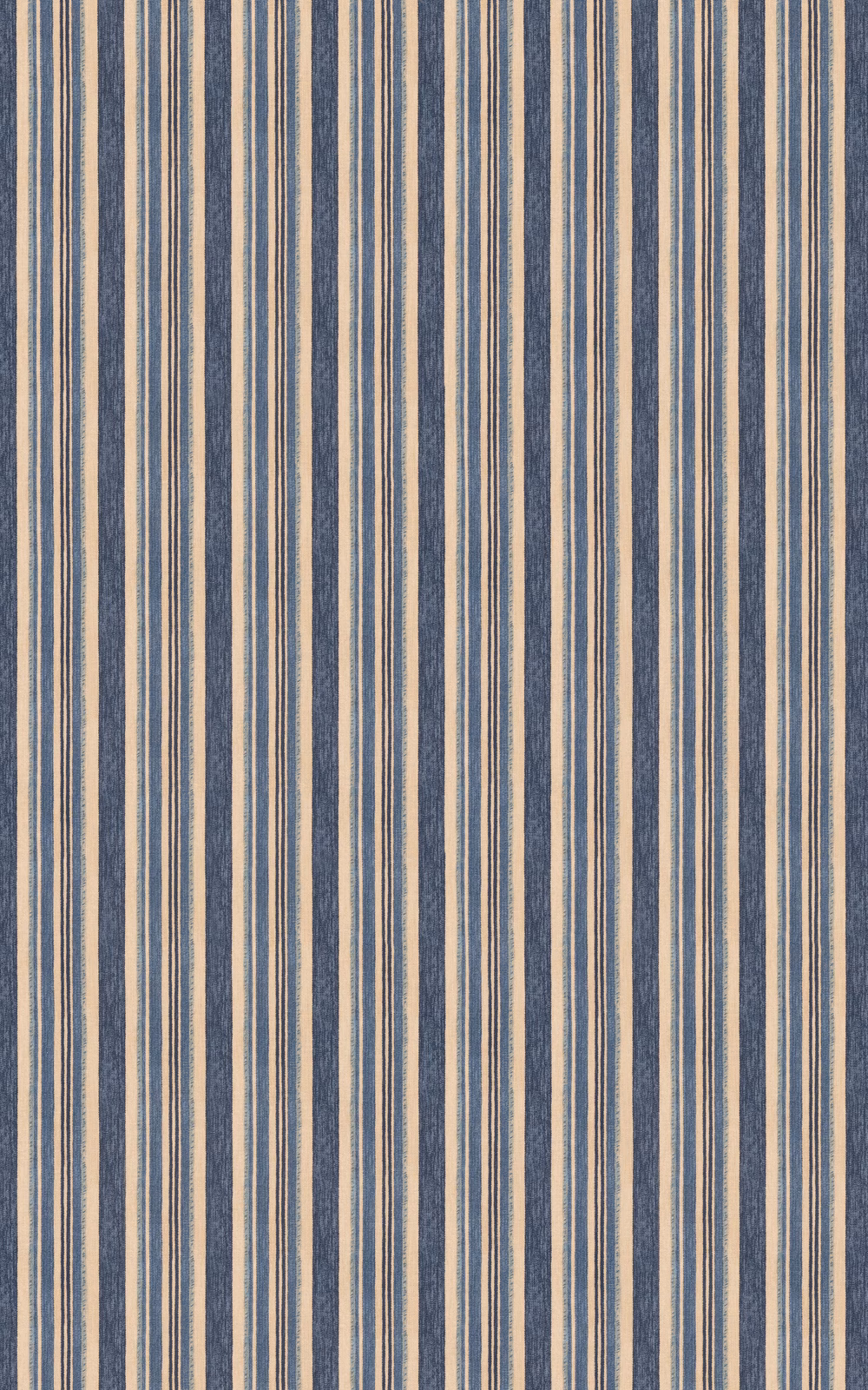 Muted indigo and sand vertical stripe fabric with an irregular woven texture