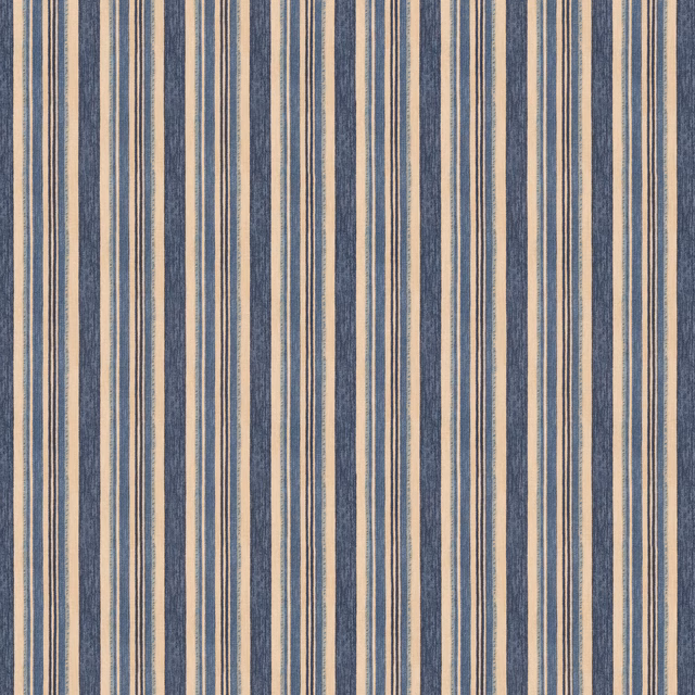 Muted indigo and sand vertical stripe fabric with an irregular woven texture