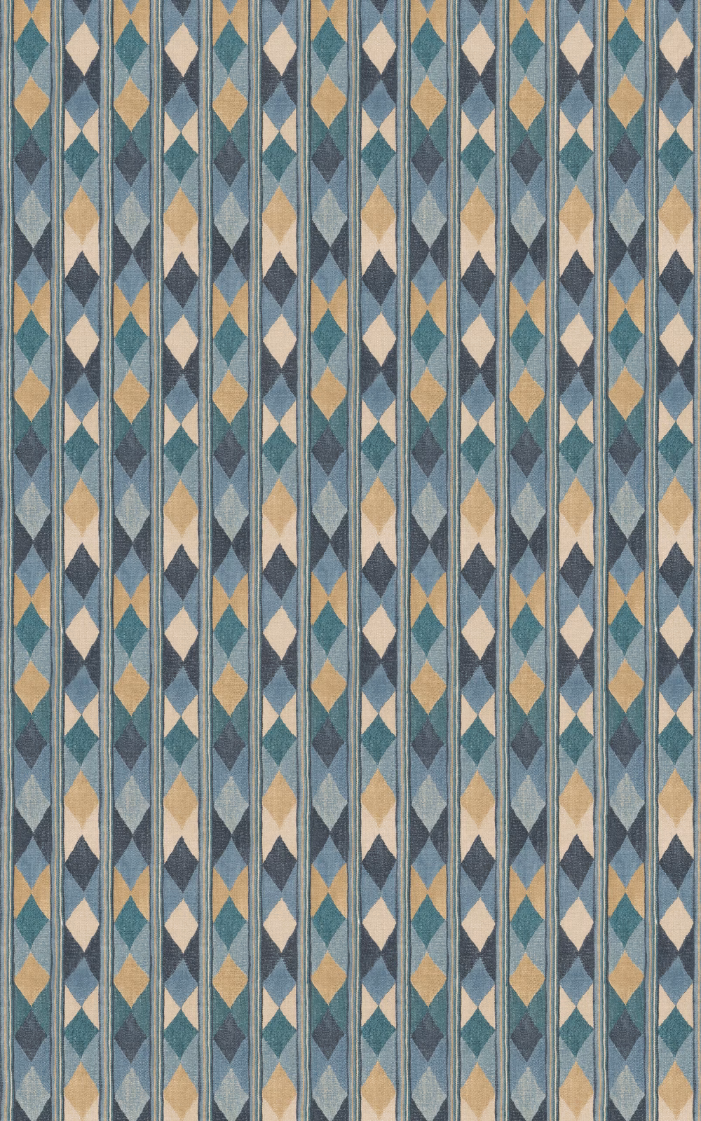 Compass Blue textile with teal, slate, cream and ochre diamond columns