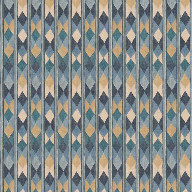 Compass Blue textile with teal, slate, cream and ochre diamond columns