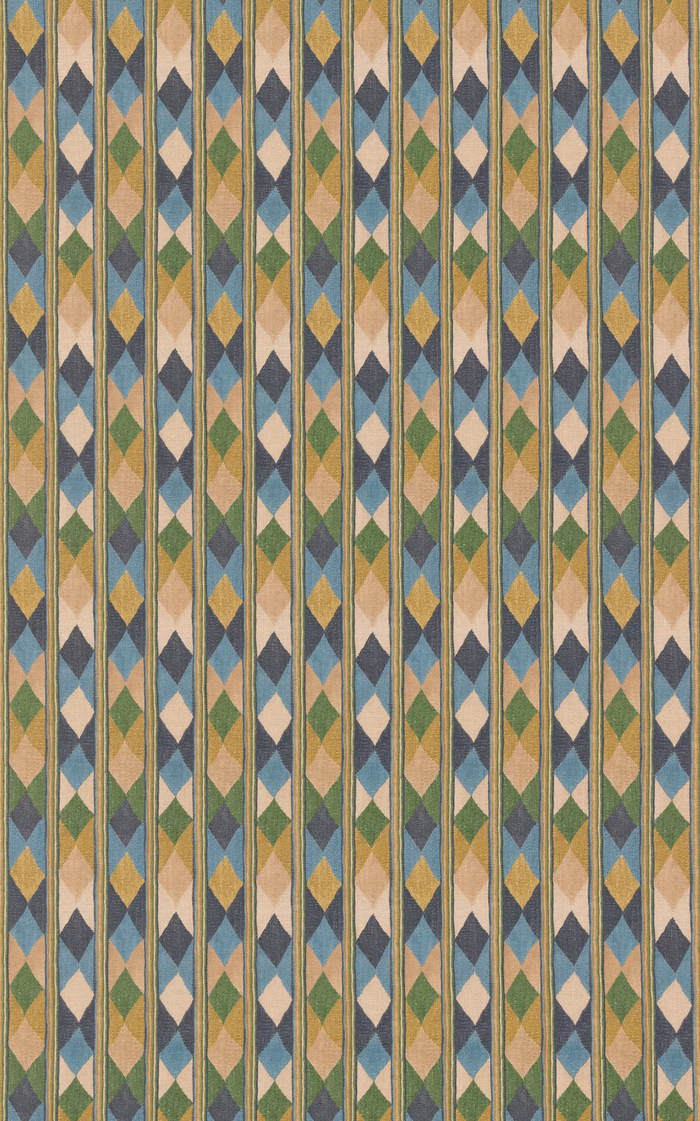 Muted blue-green fabric with ochre, cream and taupe geometric diamond stripes