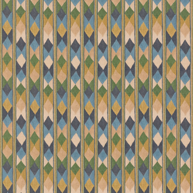 Muted blue-green fabric with ochre, cream and taupe geometric diamond stripes