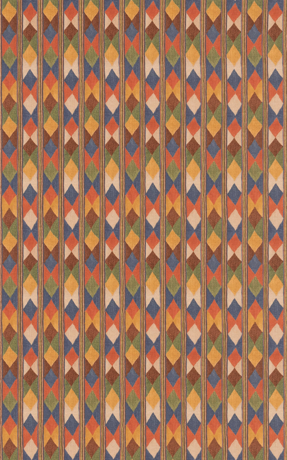 Jewel-toned vertical diamond stripes in rust, teal, ochre and olive woven texture