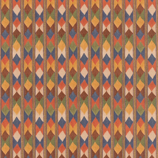 Jewel-toned vertical diamond stripes in rust, teal, ochre and olive woven texture