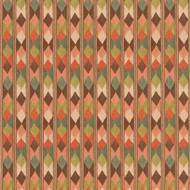 Muted terracotta, sage and olive diamond stripes in a vertical woven pattern