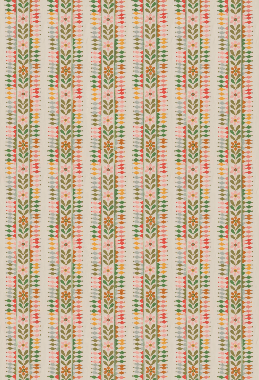 Muted green floral stripes with pink, ochre and coral details on a cream ground