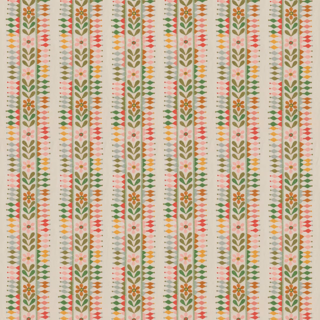Muted green floral stripes with pink, ochre and coral details on a cream ground