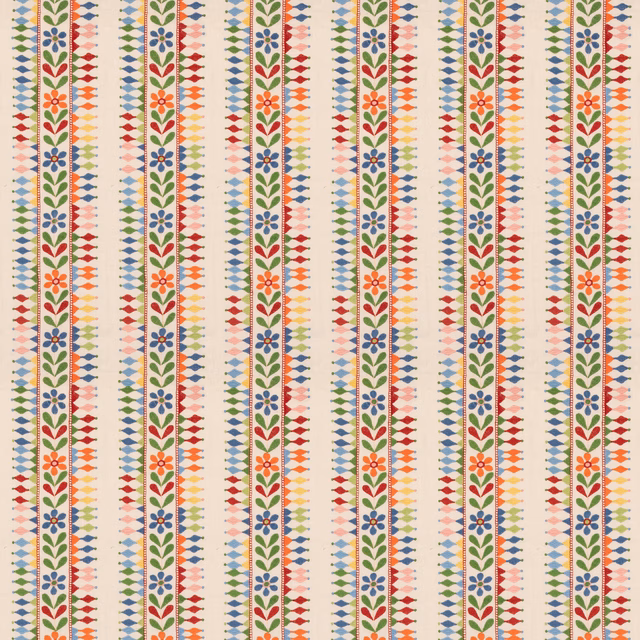 Warm cream fabric with vivid jewel floral stripes and tiny geometric accents