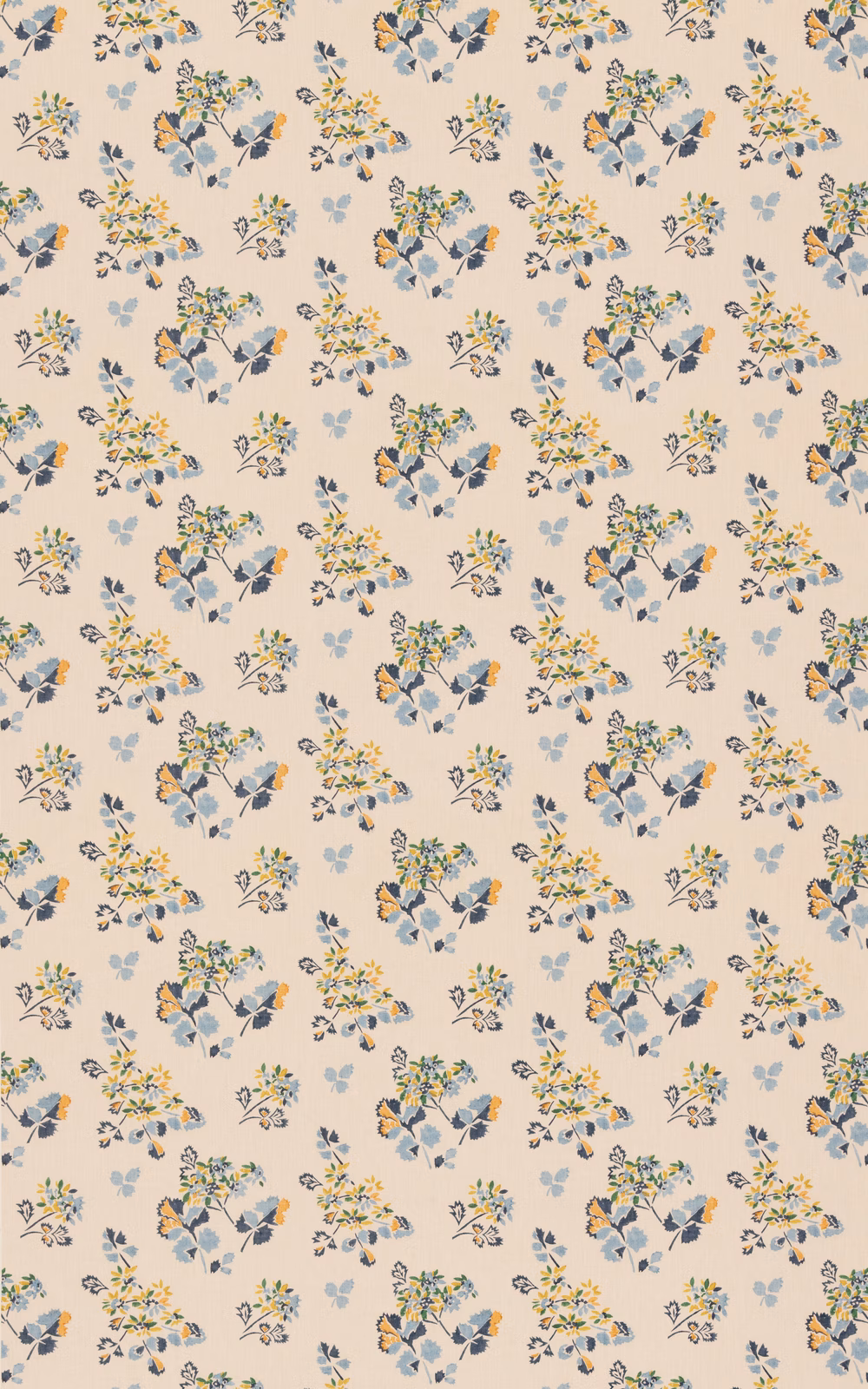 Blue-green and mustard floral bouquets scattered across a warm cream ground